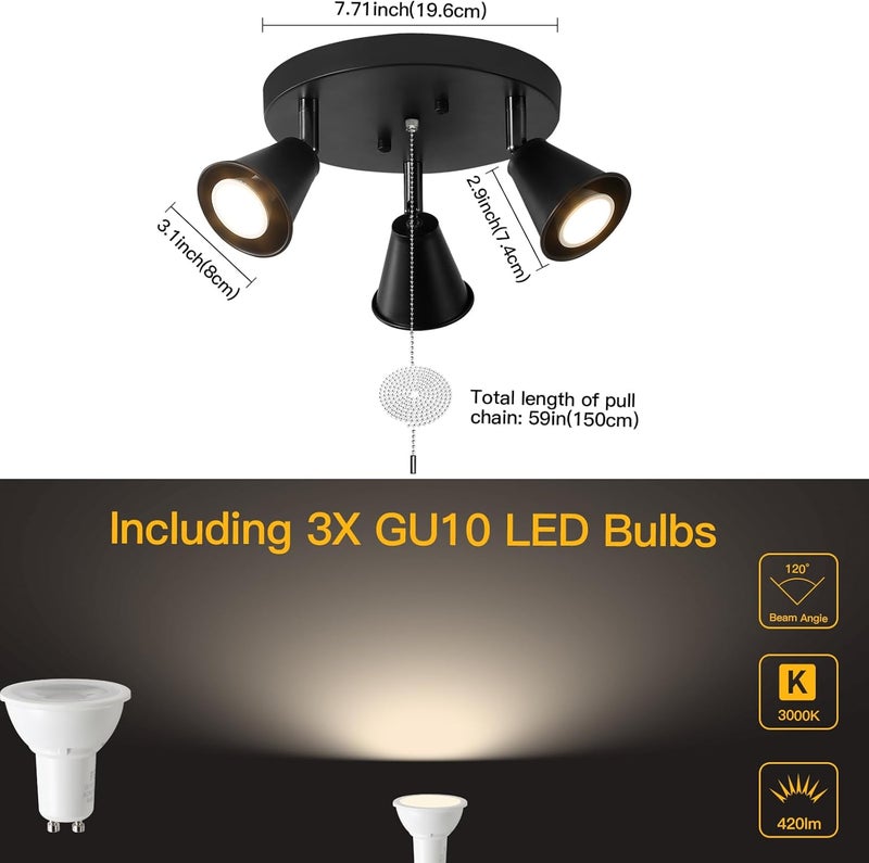 SEEBLEN 3-Light Industrial Directional Track Lighting with Pull Chain On/Off, Black Ceiling Spotlight, Morden Flush Mount Kitchen Light for Hallway,Dining Room,Porch,Office.Gu10 Bulbs Included - Image 3